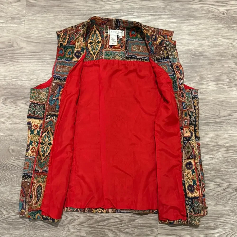 Coldwater Creek Tapestry Zip Vest 2X Elephant Tribal Boho Artsy Patchwork Cabin
